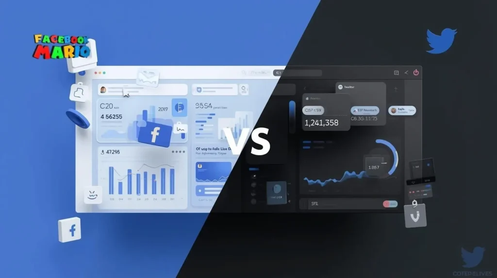 Advertising Facebook vs Twitter comparison showing Facebook Ads dashboard vs Twitter Ads dashboard in a split-screen design