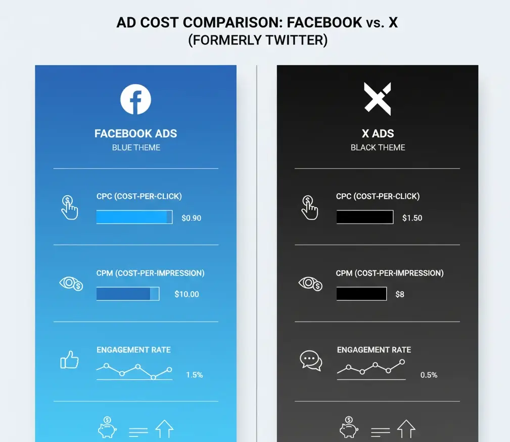 Advertising Facebook vs Twitter cost comparison showing CPC, CPM, and engagement rate differences between the platforms