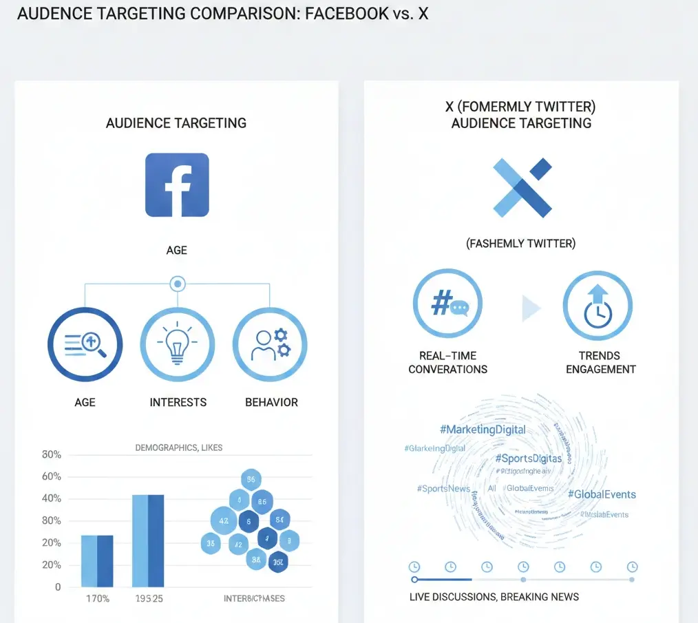 Audience targeting comparison for advertising Facebook vs Twitter with demographic targeting on Facebook and real-time trend targeting on Twitter.