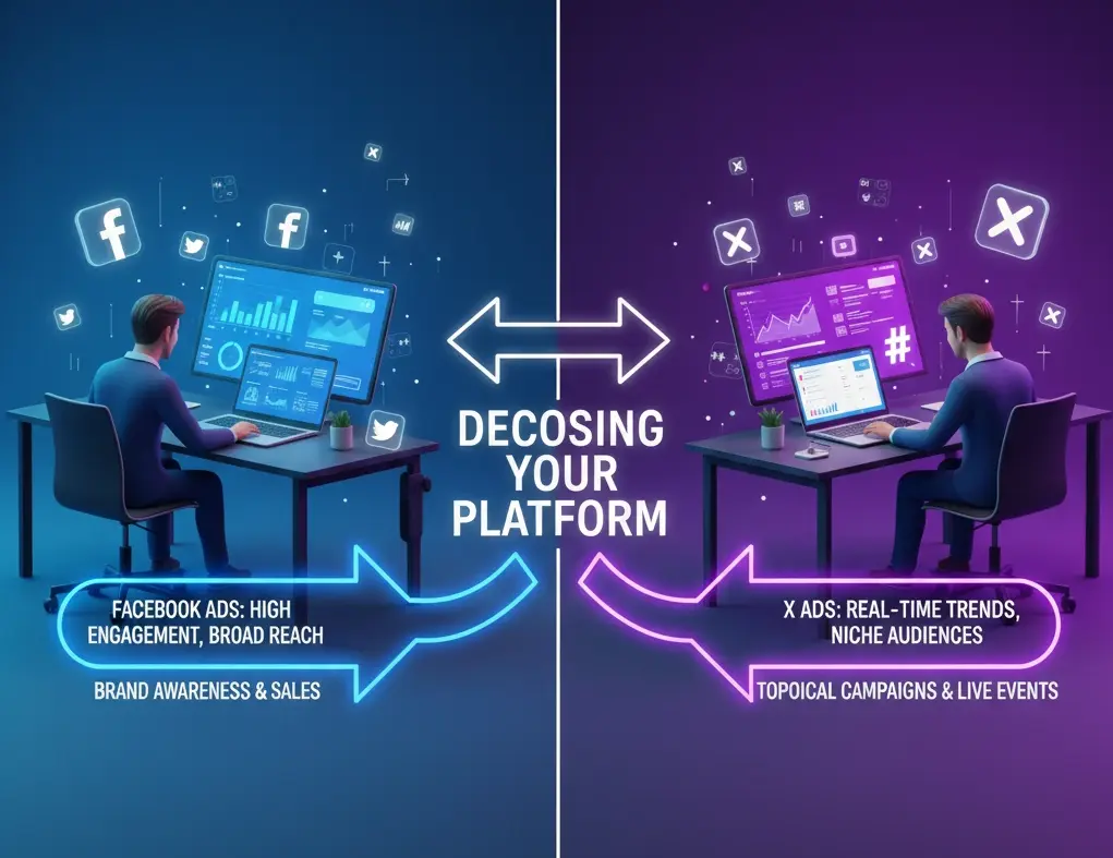 Business choosing between advertising Facebook vs Twitter with marketers analyzing campaign performance dashboards