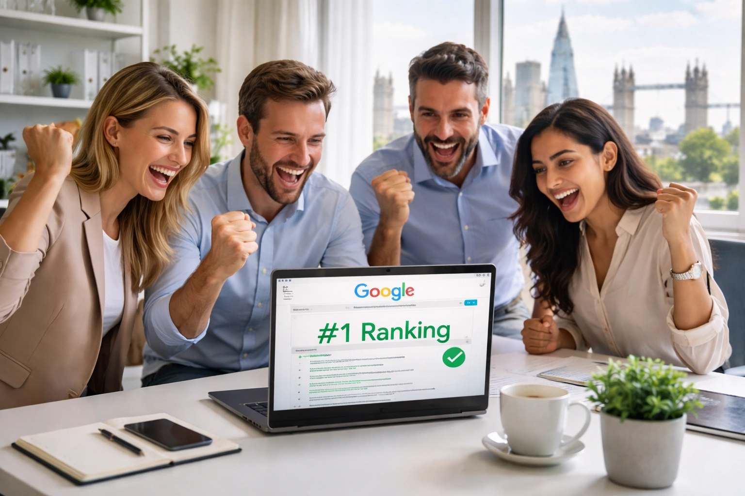 Hire seo expert uk free with Mario Agency team celebrating #1 Google ranking success in London office