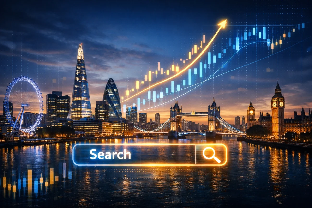 Hire seo expert uk free – London skyline with rising SEO growth and search ranking success