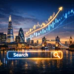 Hire seo expert uk free – London skyline with rising SEO growth and search ranking success